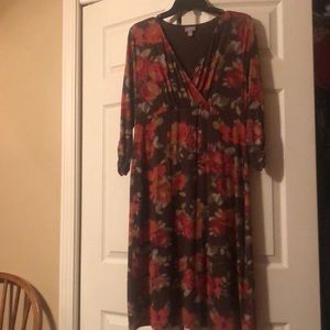 J Jill Small Petit Faux Wrap Front Dress,  Brown & Floral Print, 3/4 inch Sleeve